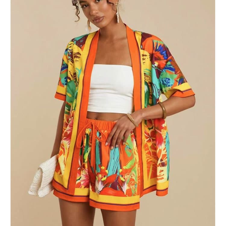 Printed Casual Wear Set Wholesale Short Sleeve Cardigan Custom logo Loose Drawstring Shorts Factory Direct