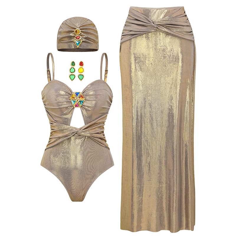 New Gold Bikini Set Hollowed Out Pleated Swimsuit Colorful Diamond Bikini Swimsuit
