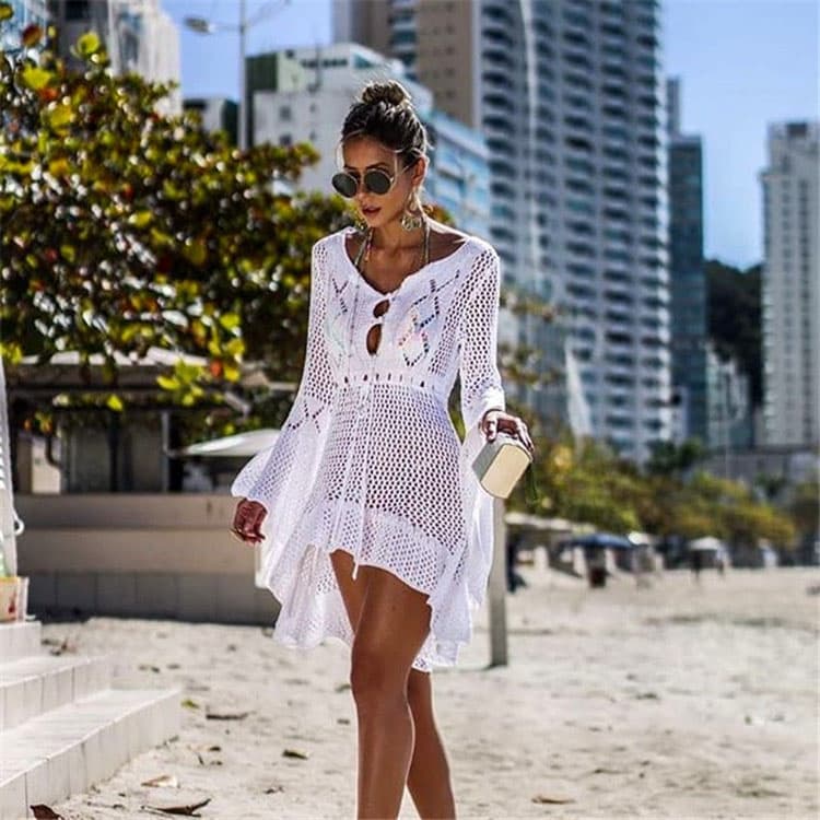 High Quality Women Beach Crochet Dress Swimsuit Knitted Tassel Tie Kimono Beachwear Bathing Suits Cover up