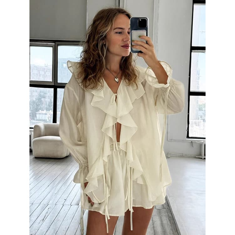 Loose Ruffled Suit Custom logo Lace up Casual Top Wholesale Solid Shorts Factory Directly