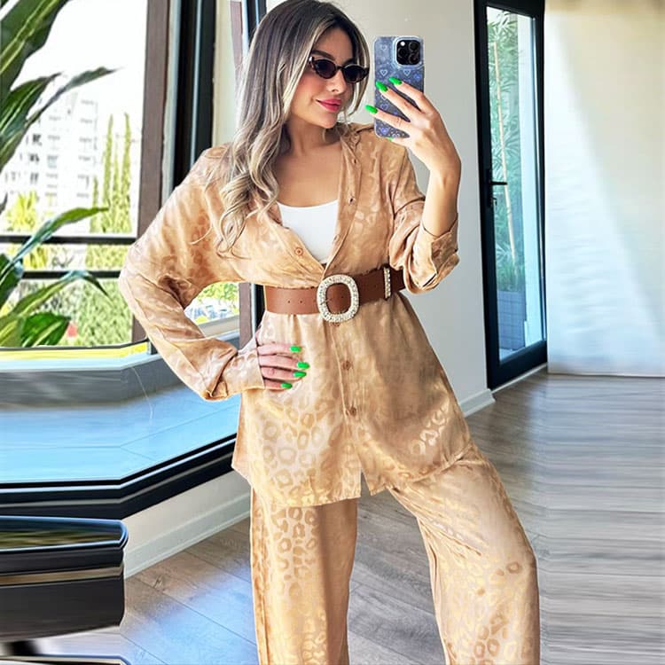 Leopard Print Women Suit Wholesale Casual Loose Trousers Custom logo Long Sleeve Fashion Suit Custom logo