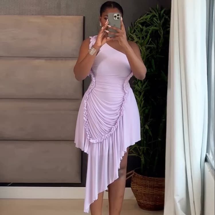 New Solid Color Fashionable One Shoulder Dress Elegant Purple Dress Ruffled Asymmetric Dress