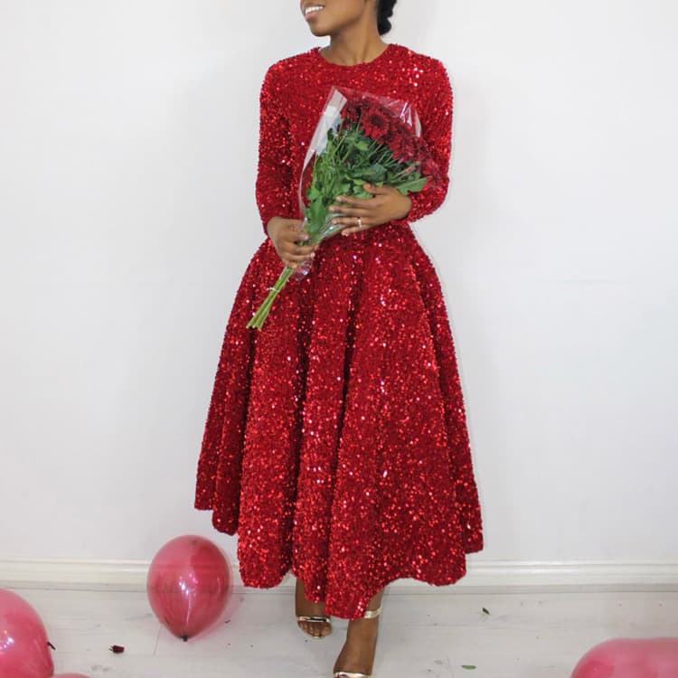 Africa New Women Elegant Christmas Dress Round Neck Long Sleeve Solid Color Sequins Dress High Waist Temperament Midi Dress