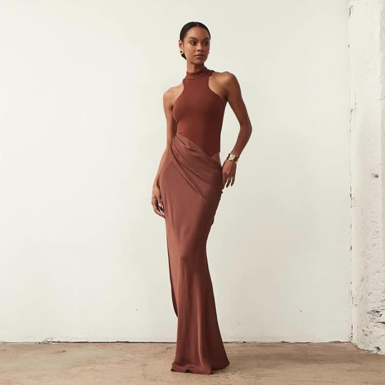 Halter Sleeveless Dress Wholesale Patchwork Fitted Dress Custom logo Solid Color Simple Maxi Dress Factory Direct