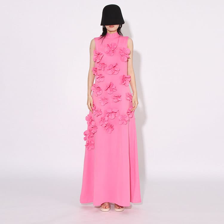 2025 Latest Autumn Stand-up Collar Splicing Three-dimensional Flowers High Waist Slim High Quality Long Dress