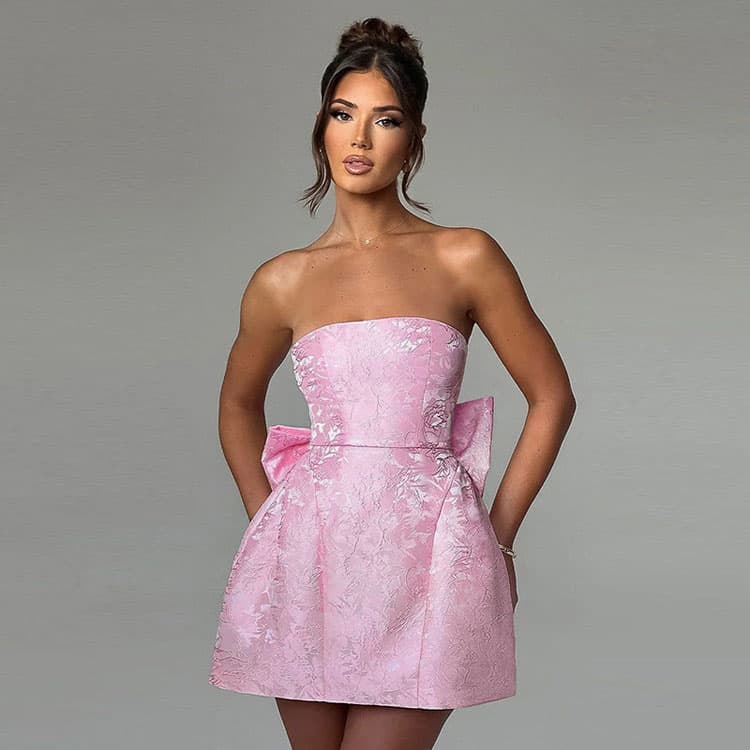 Summer 2024 New Elegant Sexy Jacquard Bust Bow Mini Skirt Party Club Evening Dress for Women