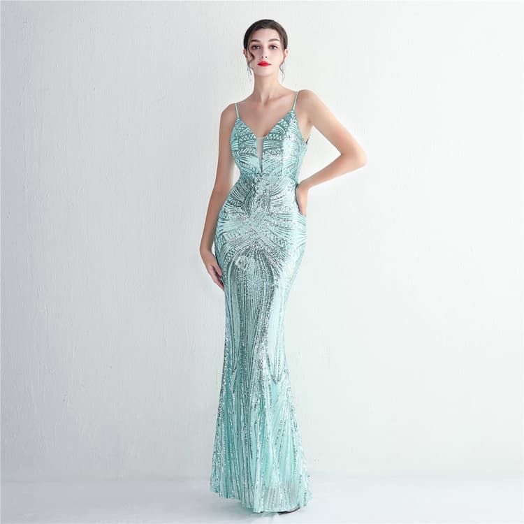 New Style Spaghetti Strip Evening Sequin Dress Long Banquet Slim Evening Dress Elegant Temperament v Neck Sparkling Women Dress