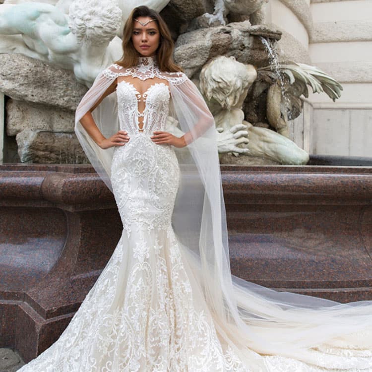 2025 New Dreamy Round Neck Slim Mermaid Lace Wedding Dress White Bridal Train Wedding Dress Two Piece Wedding Dress with Shawl