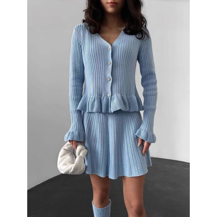 Knitted Mini Skirt Set Wholesale V Neck Long Sleeve Top Custom logo Ruffled Solid Color Set Factory Direct