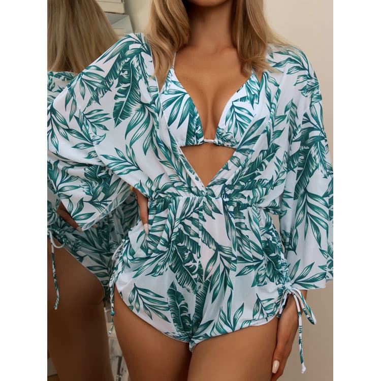 Wholesale Three Piece Bikini Tropical Printed Swimsuit Loose Sexy Mesh Swimsuit