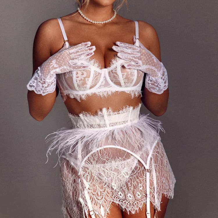 Wenshuo Feather Lace Lingerie Set Wholesale Embroidered Floral Lingerie Custom logo See Through Sexy Lingerie Factory Direct