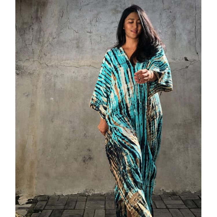 Women Wholesale Moroccan Robe Fashion Designer Blue Print Elastic Long Cover up Dress