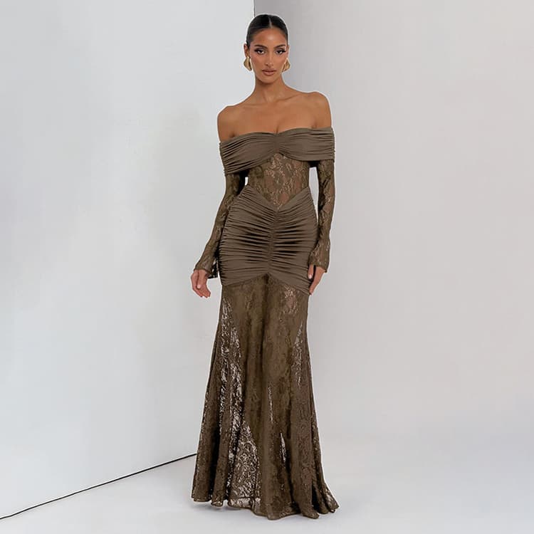 Wholesale Solid Color Lace Dresses Custom Sexy Dresses Off-the-Shoulder Long Sleeve Dresses for Women