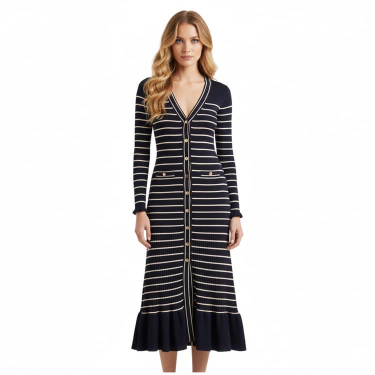 Striped Knit Dress Factory Direct Ruffled V Neck Dress Custom logo Long Sleeve Maxi Dress Wholesale