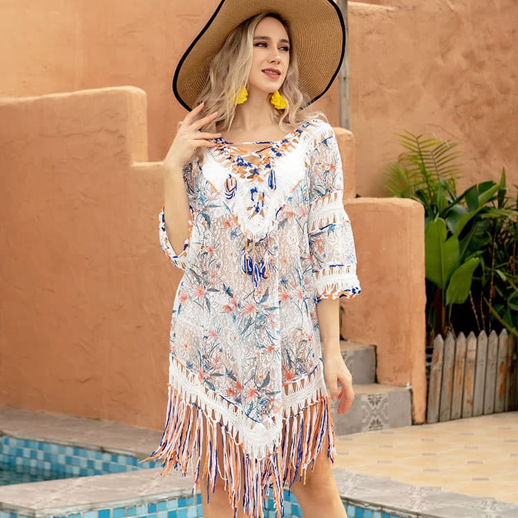 Factory Custom Handmade Crochet Lace Flower Swimwear Tassel Sexy Boho Beach Dress Women Cover Ups