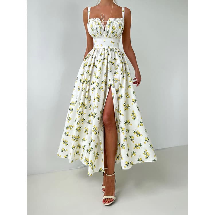 2025 Floral Suspender Casual Dress Summer New Style v Neck Lace up High Waist Slit High Flower Printed Dress Elegant Women Dress
