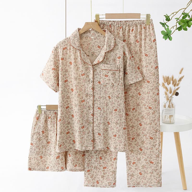 Pure Cotton Printed Pajamas Manufacturer Short Sleeved Pajamas Three Piece Set Wholesale Casual Pants Factory Directly