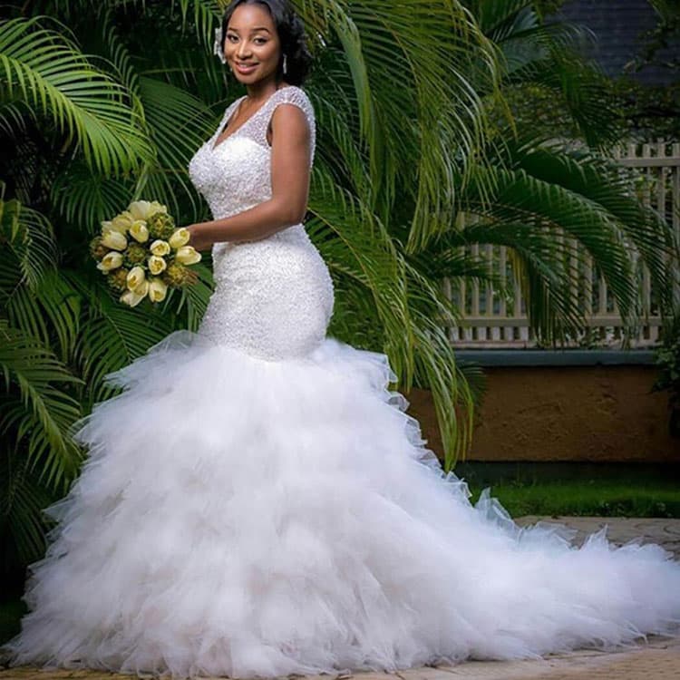 Light Luxury Beaded Bride Wedding Dress V-neck Beaded Mermaid Skirt Wedding Dress