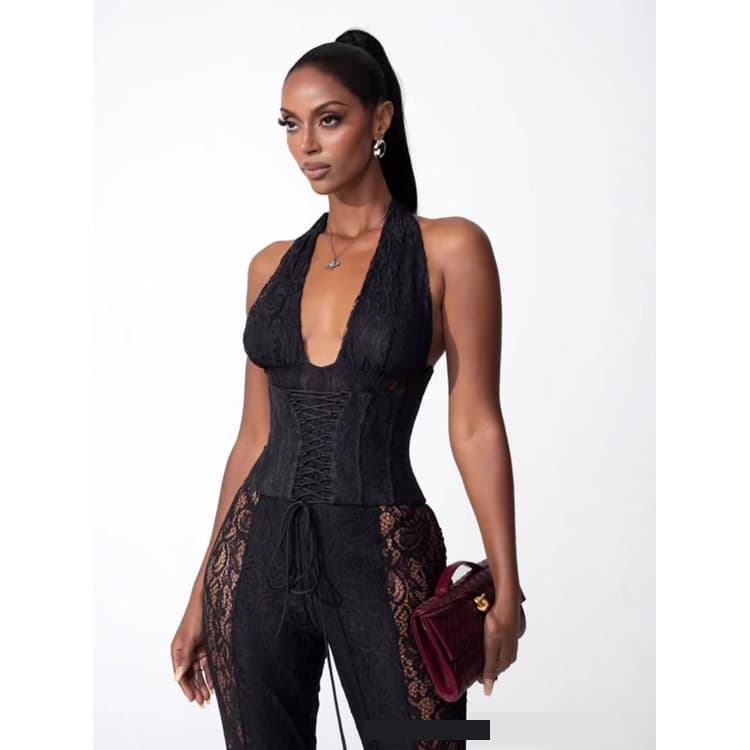 Sexy Women Suit Set Wholesale Halter Neck Sleeveless Top Custom logo Lace Cutout Pants Factory Direct