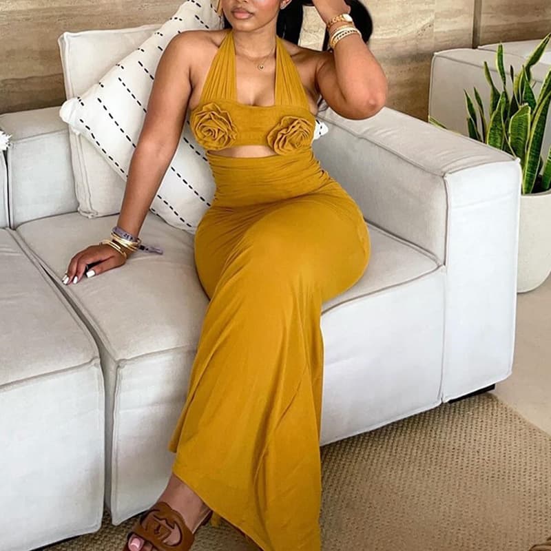 Wenshuo Bodycon Maxi Dress Wholesale 3D Floral Dress Custom logo Sexy Halter Neck Dress Factory Direct