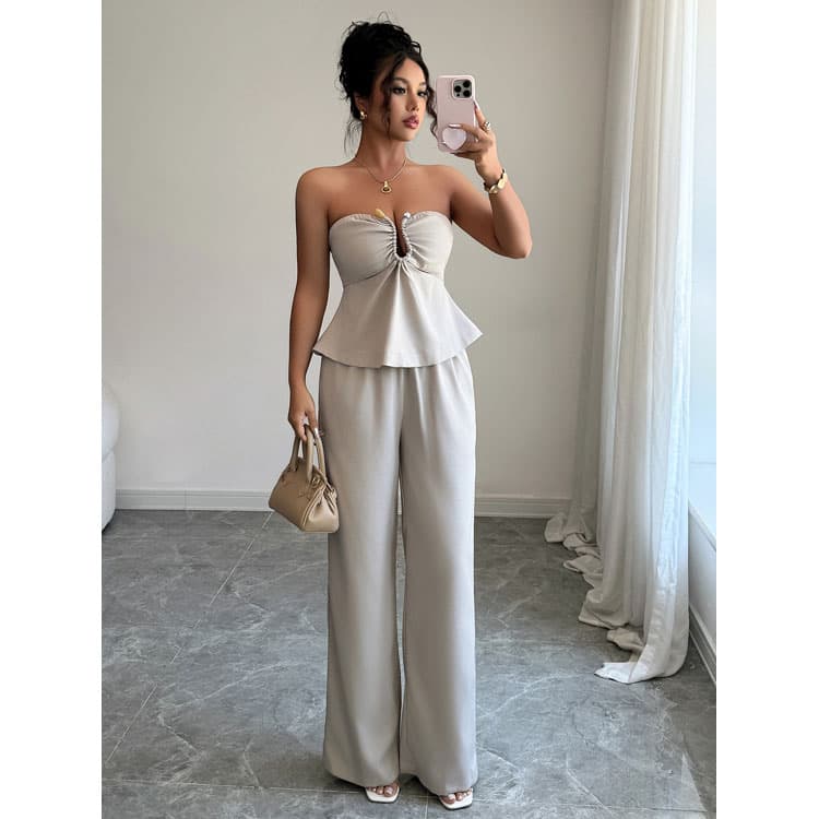 Simple Women Set Wholesale Ruffled Tube Top Custom logo Elastic Straight Trousers Factory Direct