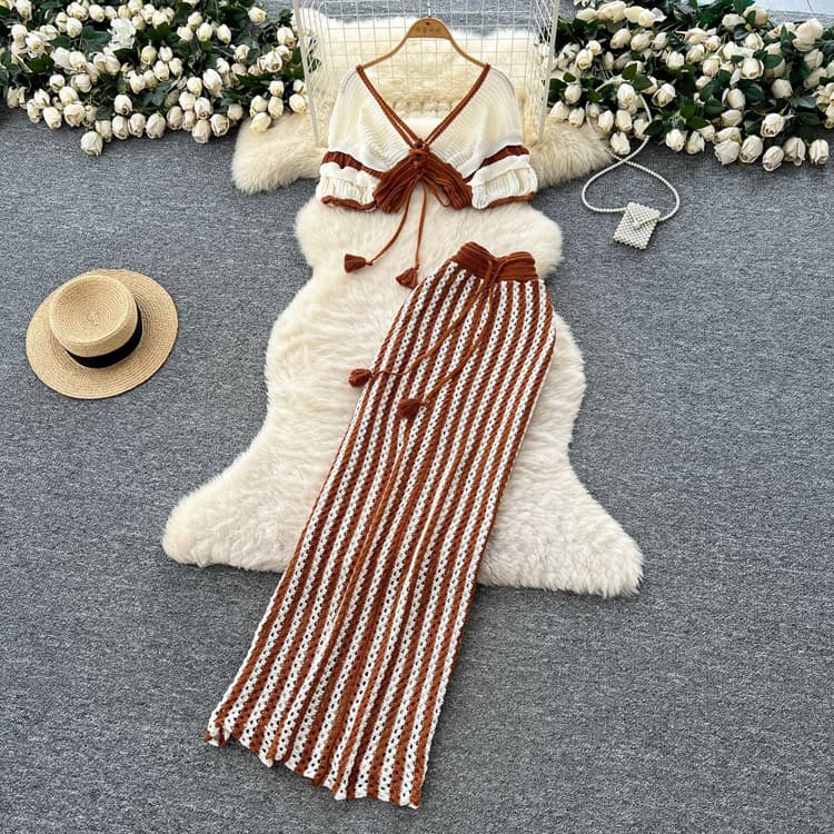 Wenshuo Deep V Neck Crop Top Wholesale Drawstring Bow Dress Custom logo Striped Maxi Skirt Set Factory Direct