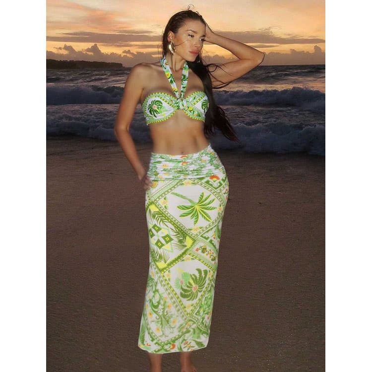 Halter Ins Style Floral Print Vibrant Bikini Set Three Piece 2025 New Fashion Beach Vacation Swimwear