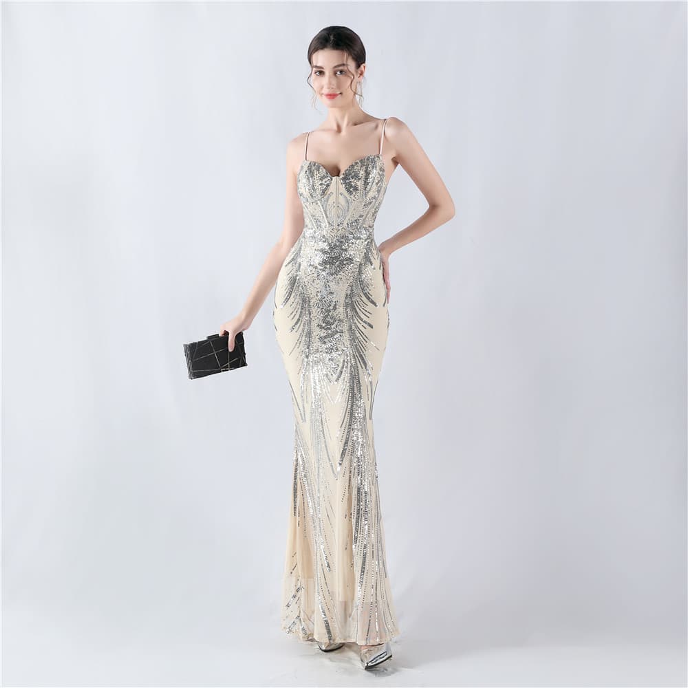 S-2XL Sling Mermaid Skirt Wholesale Sequined Evening Dress Custom logo Double Layer Evening Dress Factory Directly