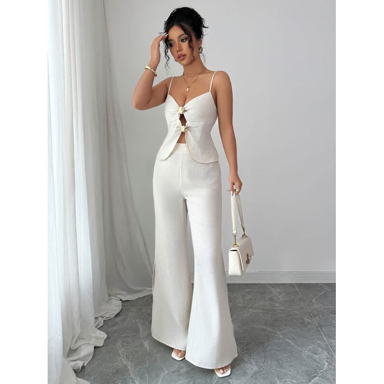 Solid Color Fashion Women Set Custom logo Sleeveless slip Top Wholesale Loose Straight Pants Factory Directly