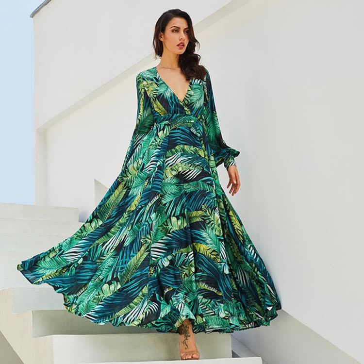 Spring/Summer New Floral Print Dresses V-Neck Long Sleeve Dresses