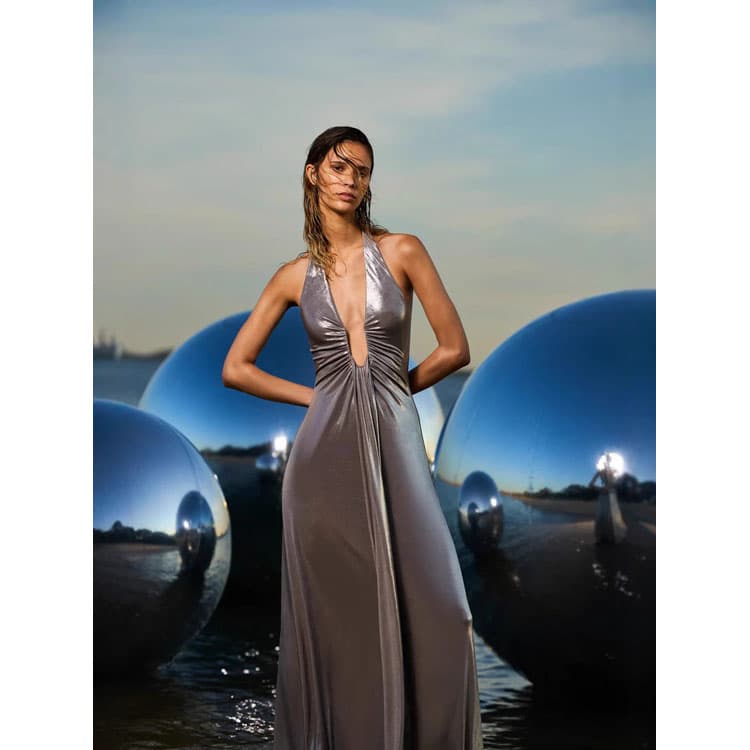 Sexy Metallic Sleeveless Long Dress with Sheer Details Deep V Neck Evening Gown