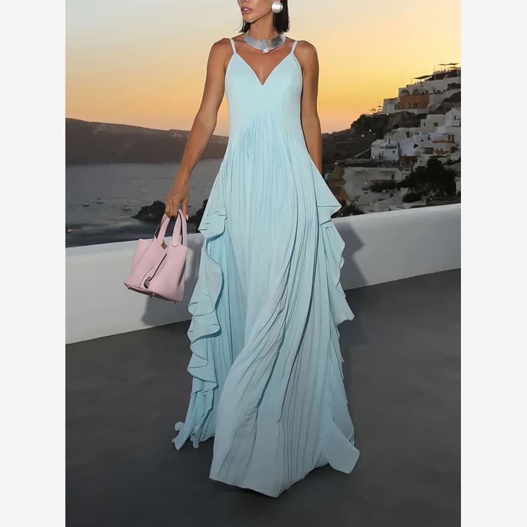 Wenshuo V Neck Loose Maxi Dress Wholesale Pleated slip Dress Custom logo Ruffled Casual Dress Factory Direct