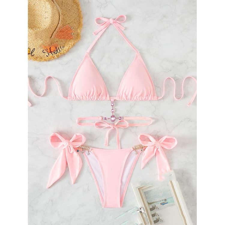 New Solid Color Bandage Swimsuit Sexy Triangle Bikini Crystal Diamond Beachwear