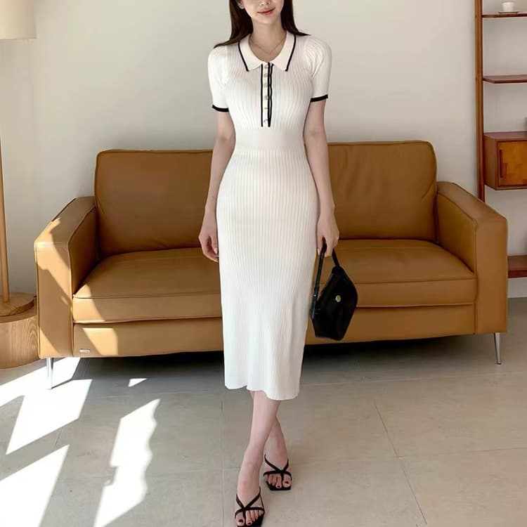 Wenshuo Collared Ribbed Dress Wholesale Slim Fit Short Sleeve Dress Custom logo Fashion Knit Dress Factory Direct