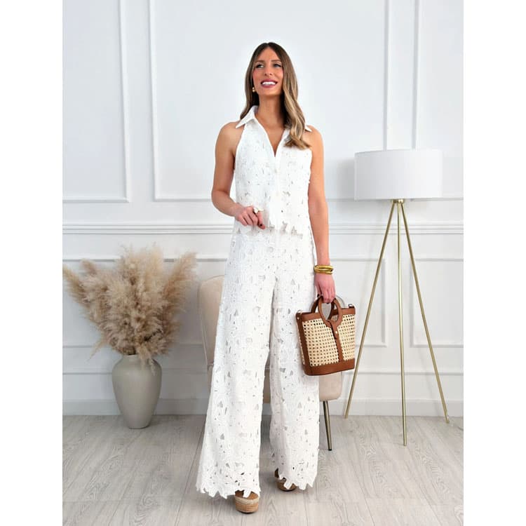 Sleeveless Casual Suit Factory Direct Solid Color Hollow Women Suit Wholesale Breathable Loose Trousers Custom logo
