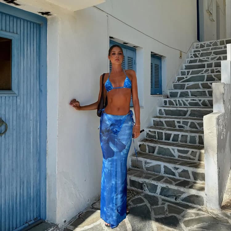 Wholesale Blue Gradient Bikini 3 Piece Sexy Push up Fashion Pool Swimsuit Set with Cover Dress