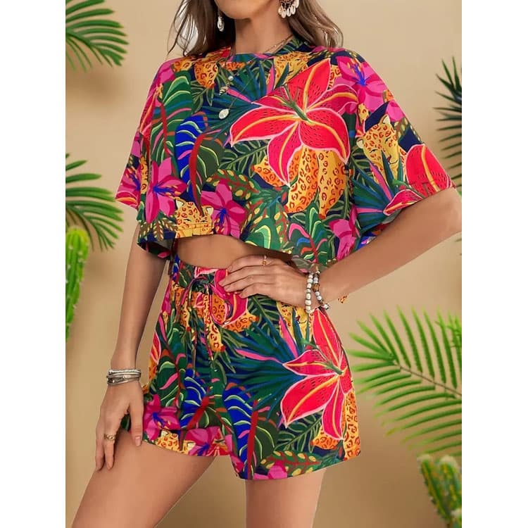 Short Sleeved Crop Top Custom logo Elastic Shorts Factory Directly Casual Floral Women's Suit Wholesale