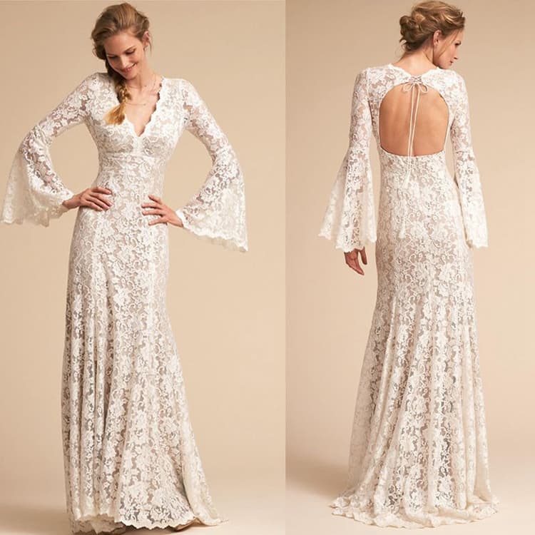 2025 New Slim Retro Flare Sleeve Backless Evening Dress Lace Fishtail Wedding Dress Elegant Evening Dress Hollow Embroidery