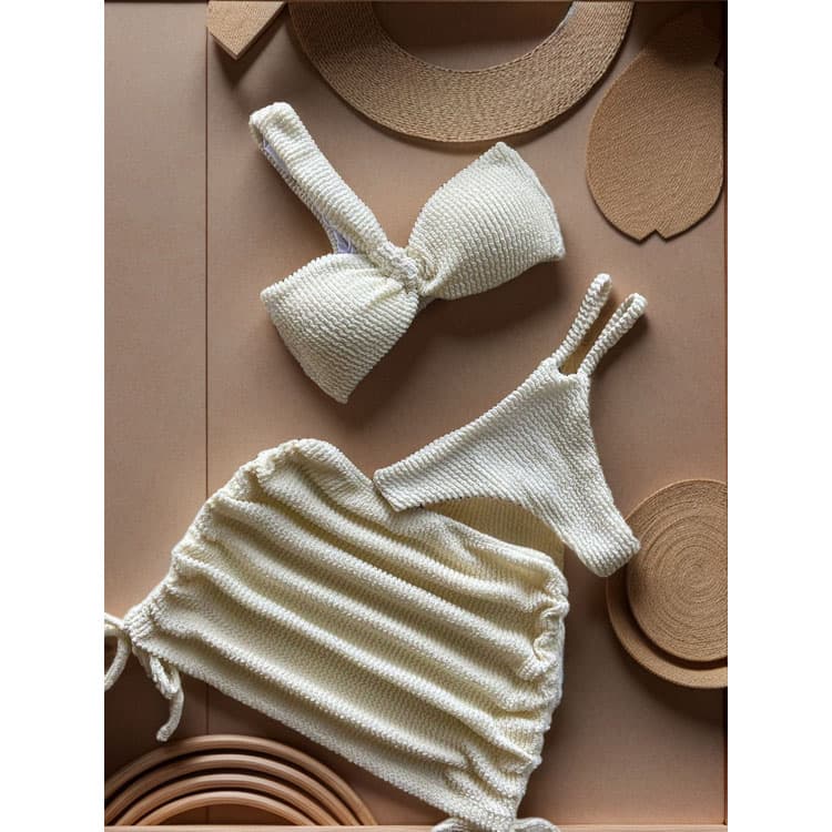 Wholesale Solid Color Beige Special Fabric Bikini 3 Piece Set 2025 New off Shoulder Hollow Out Swimsuit Set