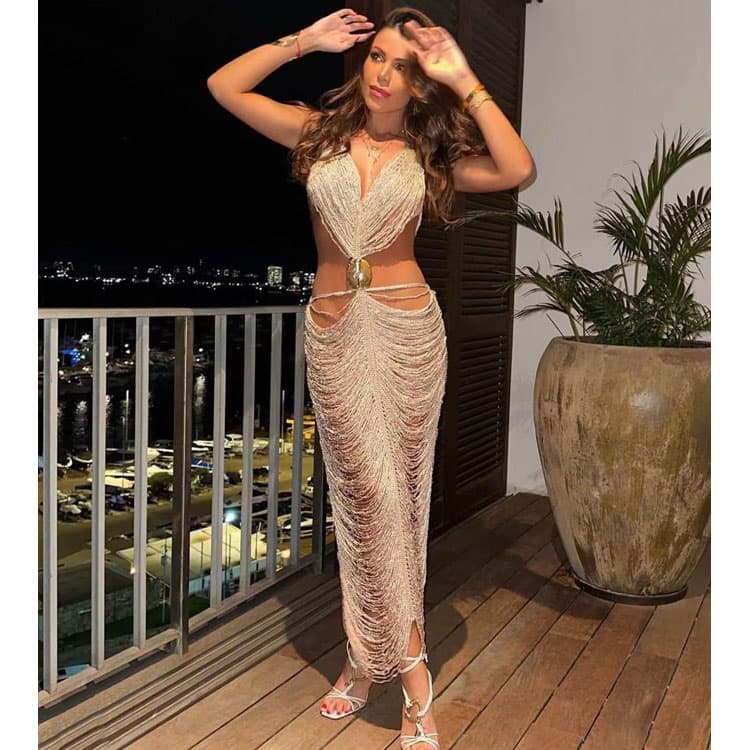 Hollow Fringe Dress Custom logo Sexy Halter Neck Long Dress Wholesale Backless Hip Skirt Factory Directly