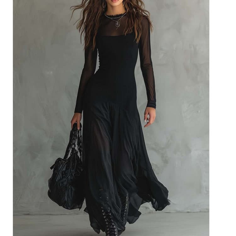 2026 New Fashion Women Black Mesh Dress Sexy and Elegant Long Dress with Mesh Paneling Women Casual Dress