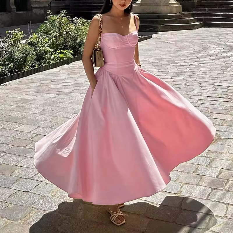S-3XL Sexy Suspender Skirt Wholesale Pure Color Pleated Dress Manufacturer Spaghetti Strap Waist Skirt Factory Directly