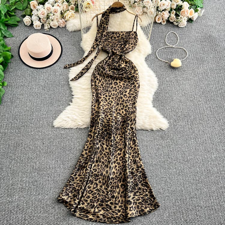 Leopard Print slip Dress Wholesale Casual Ribbon Dress Custom logo Fashion Fishtail Skirt Factory Direct