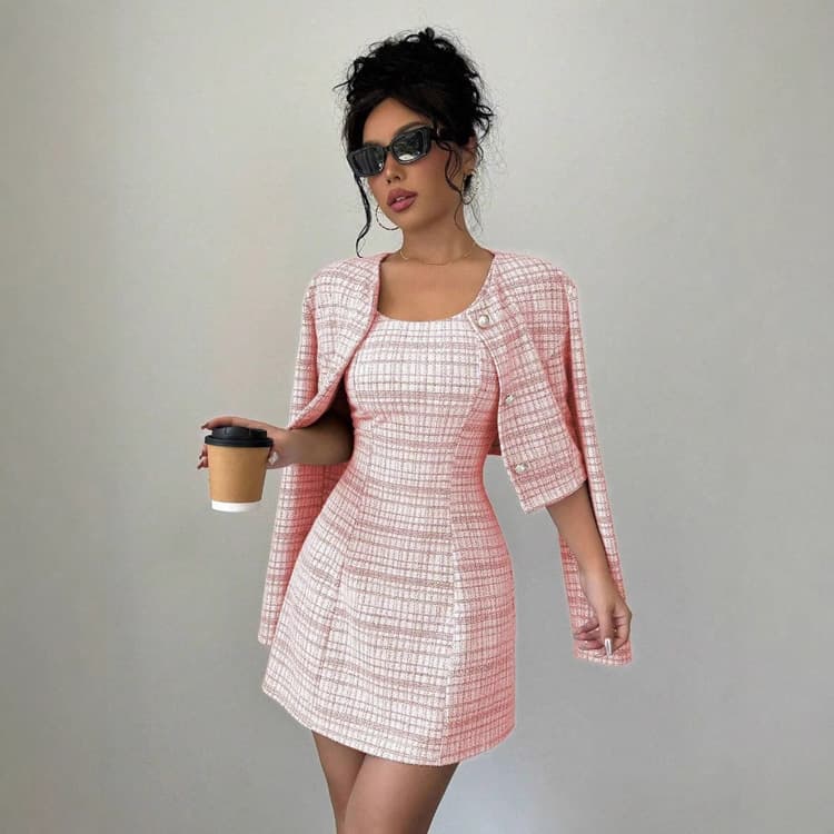 Wenshuo Stylish Long Sleeve Coat Wholesale Slim Fit Short Dress Custom logo Plaid Skirt Suit Factory Direct