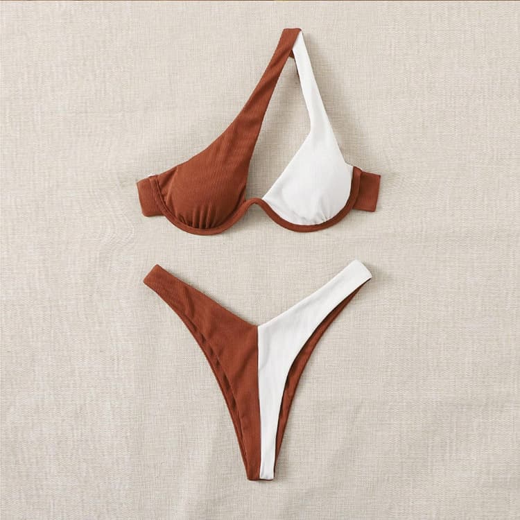 New Brown Sexy Bikini One Shoulder Swimwear Patchwork Design Bikini Set