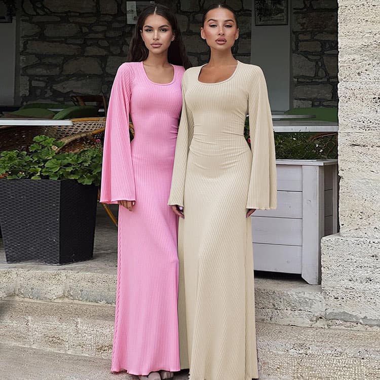 Long Sleeve Casual Dress Custom logo Soft Solid Color Dress Wholesale Simple Maxi Dress Factory Direct
