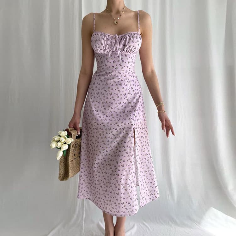 2025 Summer Floral Print Dress Adjustable Spaghetti Strap Midi Dress with High Slit Women's Fashion Boho Chic Dress