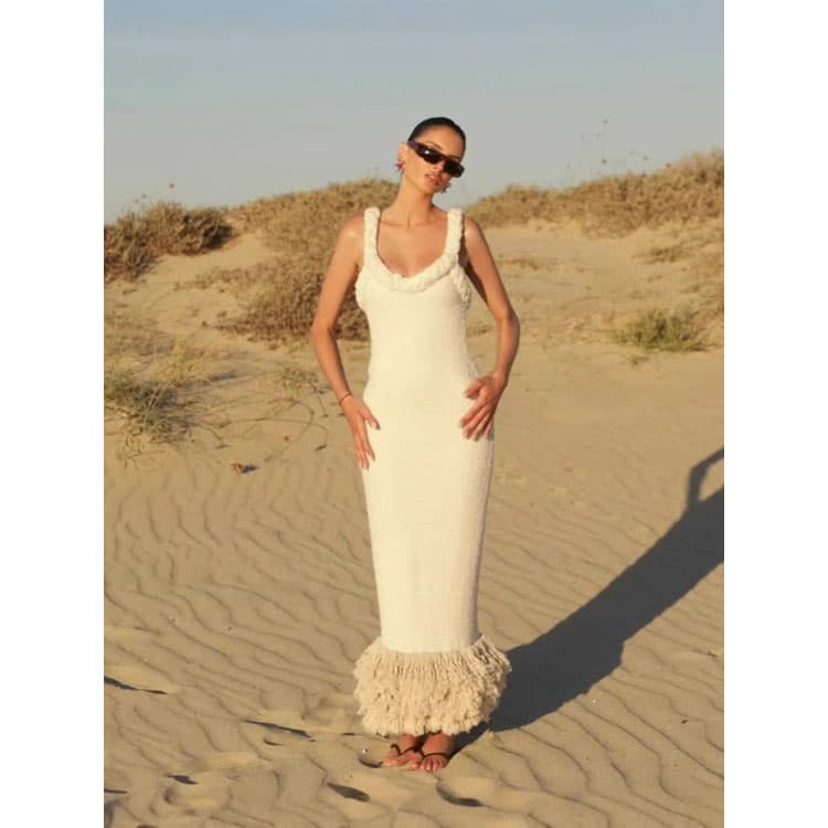 Bohemian Knitted Braided Straps Bodycon Maxi Dress with Fringe Hem White Fall Winter Evening Gown for Women