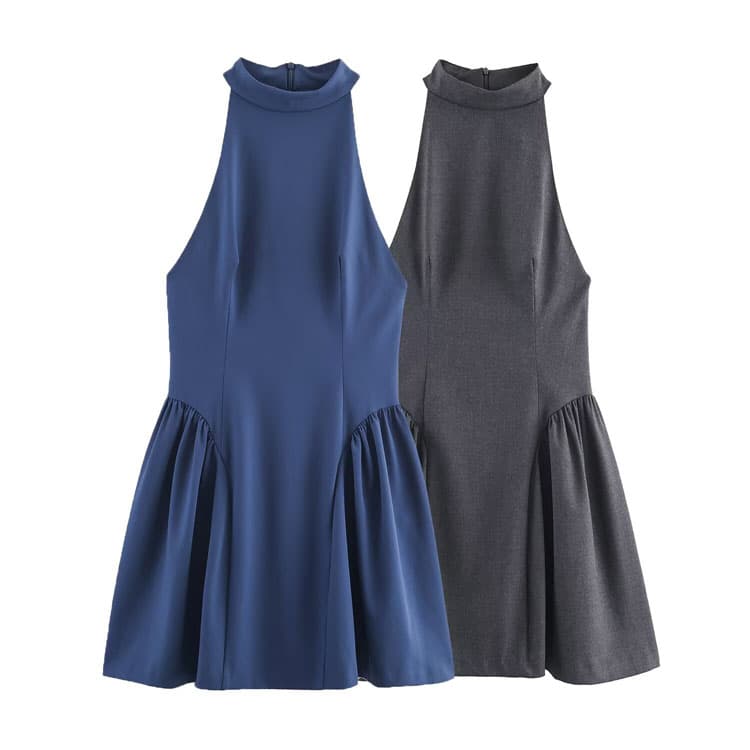 2026 Solid Color Halter Neck Dress Sleeveless Sexy Short Dress A-line Slim Fit Pleated Casual Dress
