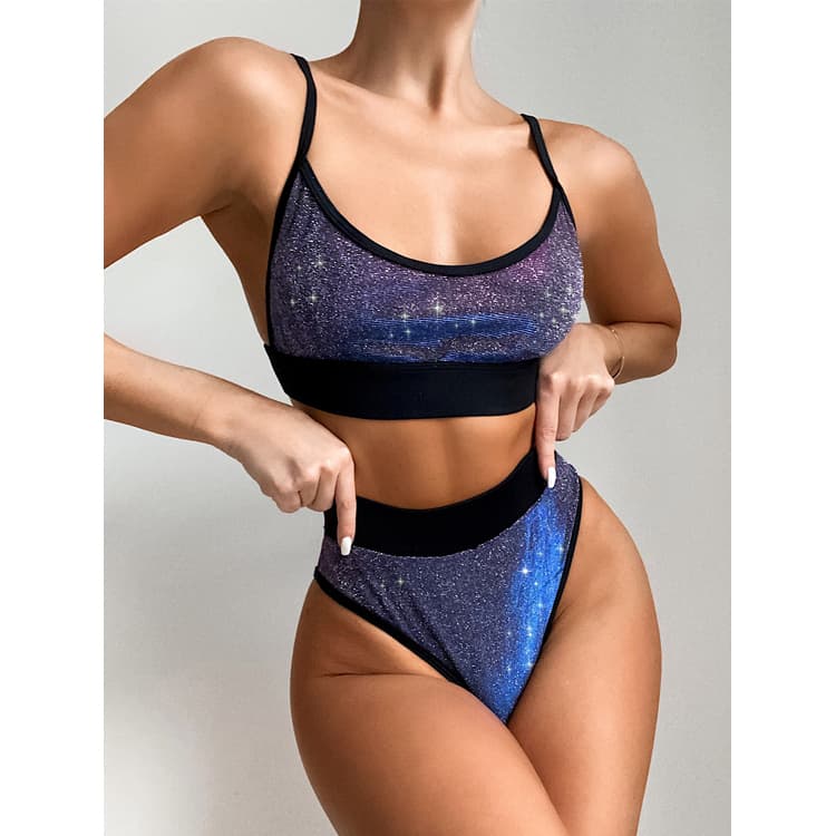 New Sexy Two Piece Swimsuit Shinny Fabric Bikini Set High Waist Trajes De Bao